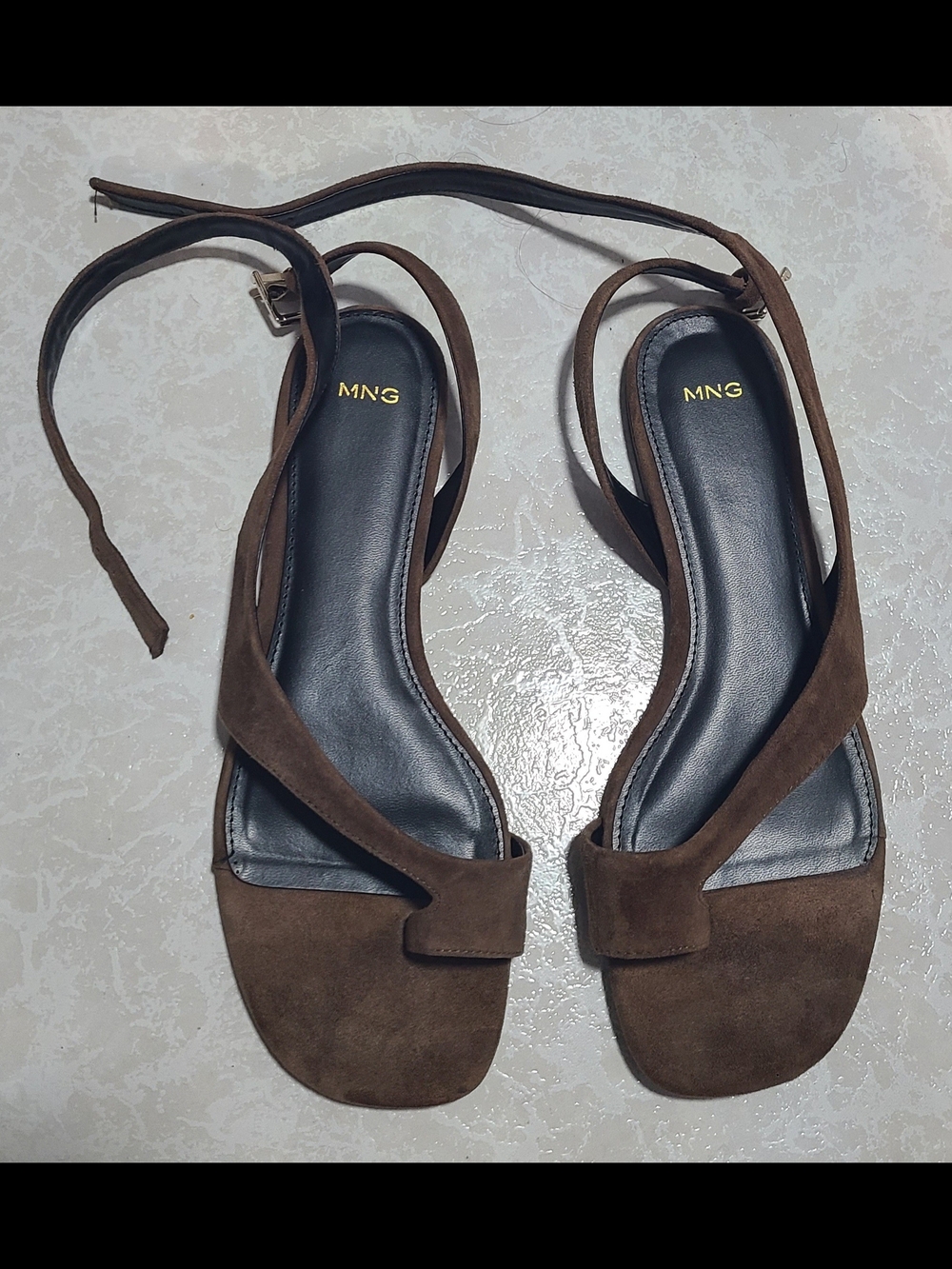 Mango Brown Suede Square-Toe Ankle-Tie Sandals